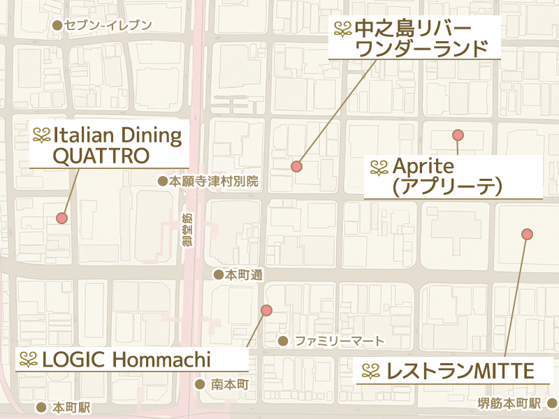本町エリアでレストランウェディングに対応している式場・店舗マップ